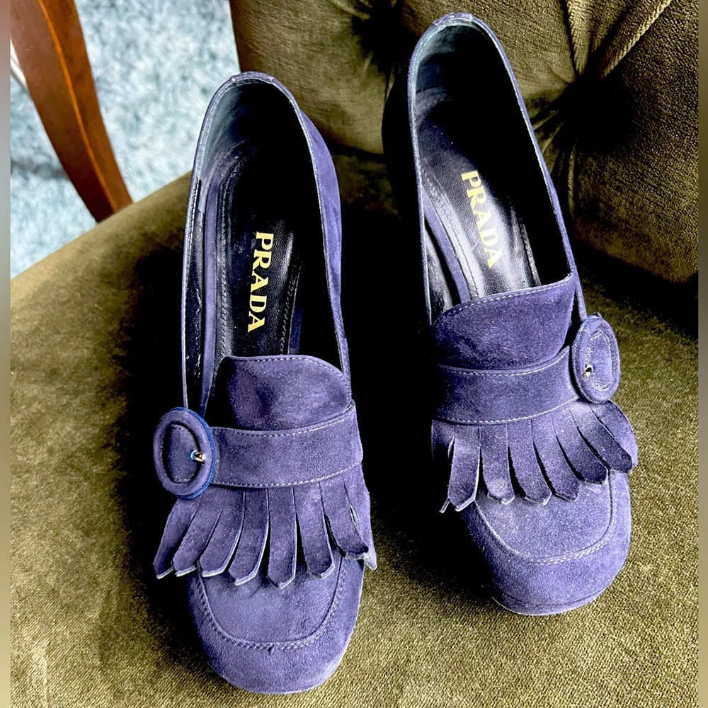 Navy suede Prada platform loafer